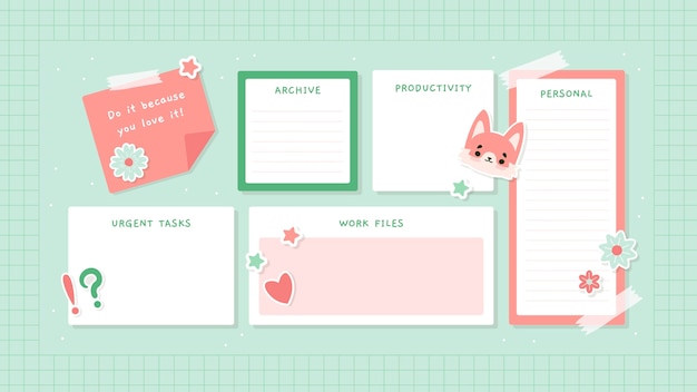 Hand-drawn flat design cute green desktop organizer wallpaper