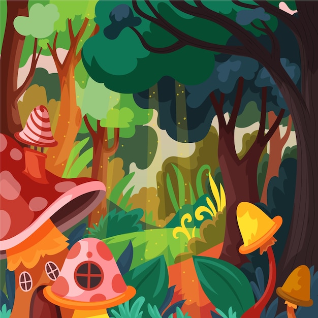 Free Vector hand drawn flat design enchanted forest illustration