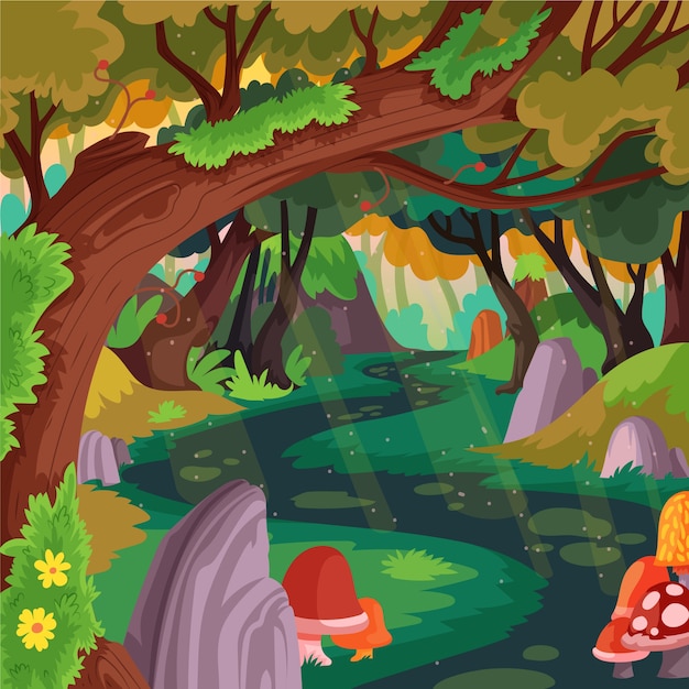 Free Vector hand drawn flat design enchanted forest illustration