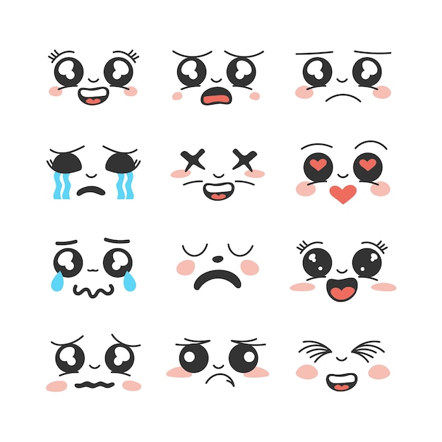 Hand drawn flat design kawaii face collection