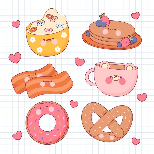 Hand drawn flat design kawaii foods set