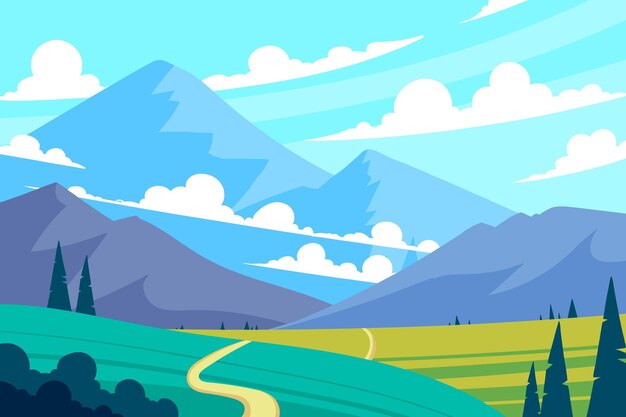 Hand drawn flat design mountain landscape