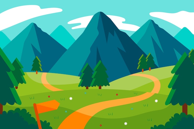 Hand drawn flat design mountain landscape