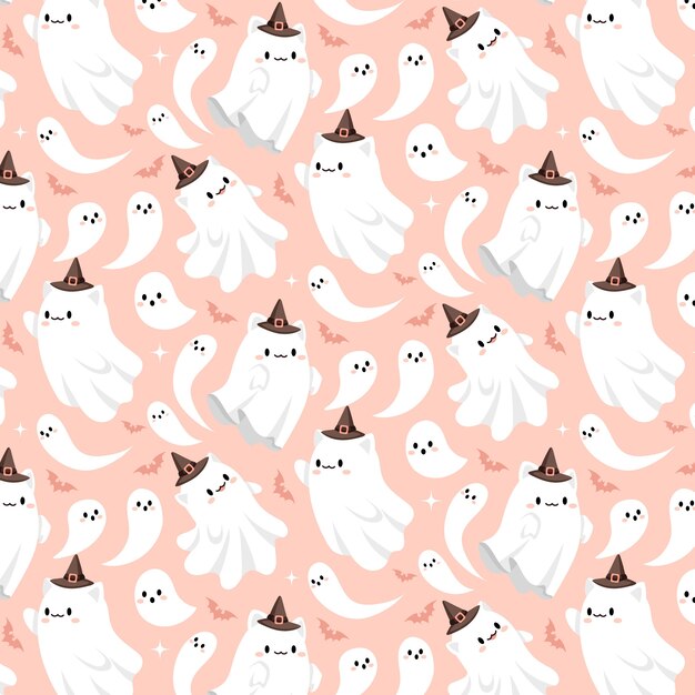 Hand drawn flat ghost halloween pattern