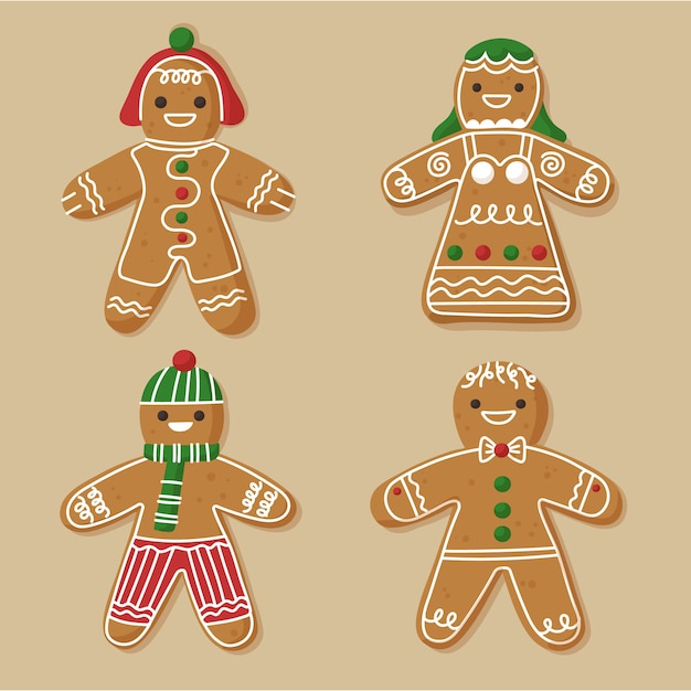 Hand drawn flat gingerbread man cookies collection