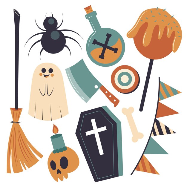 Hand drawn flat halloween elements collection