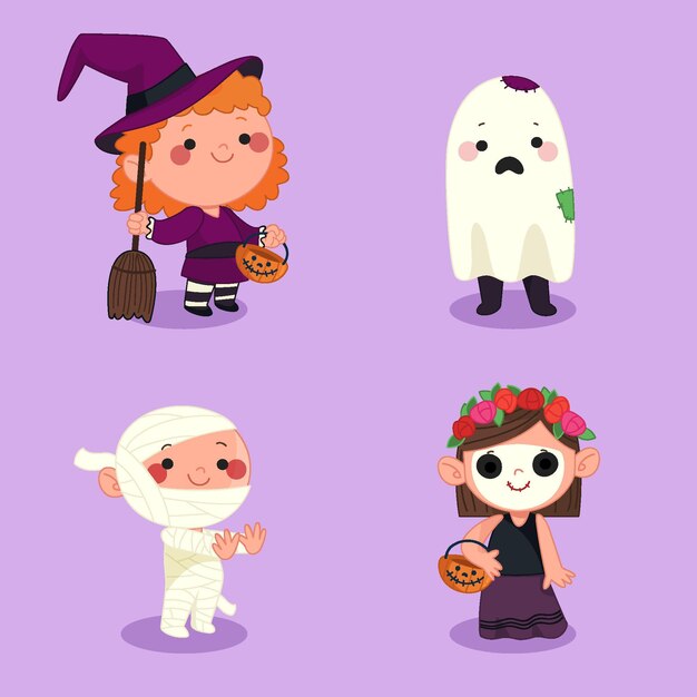 Hand drawn flat halloween kids collection