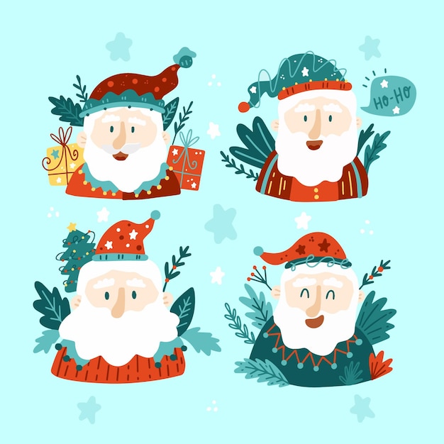 Hand drawn flat santa claus characters collection