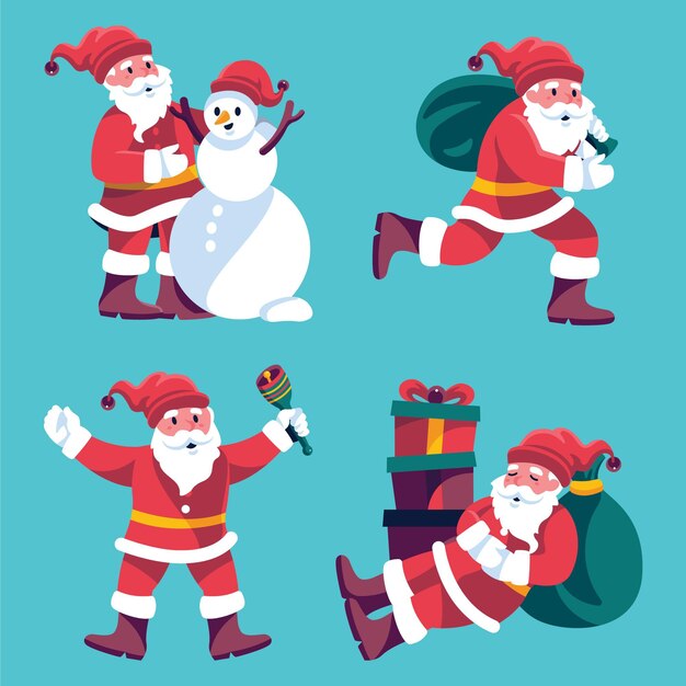 Hand drawn flat santa claus characters collection