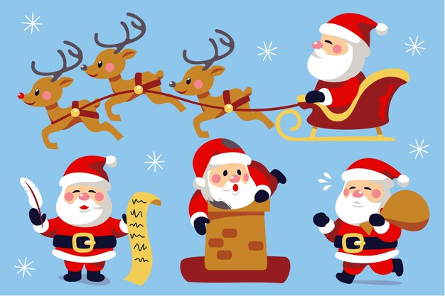 Hand drawn flat santa claus characters collection