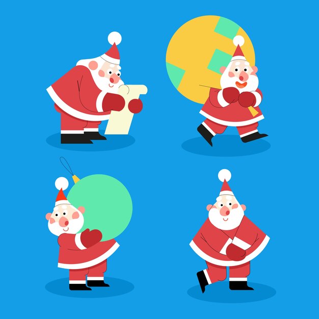 Hand drawn flat santa claus characters collection