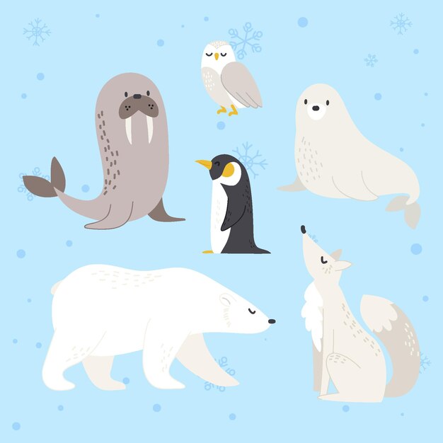 Hand drawn flat winter animals collection