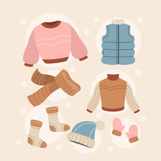 Free vector hand drawn flat winter clothes and essentials collection