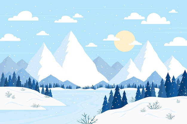 Hand drawn flat winter landscape illustration