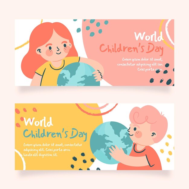 Hand drawn flat world children's day horizontal banners set