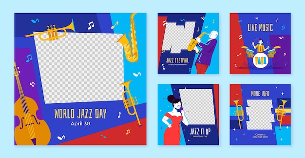 Free Vector hand drawn flat world jazz day instagram post template set