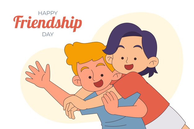 Hand drawn friendship day background with friends waving and hugging