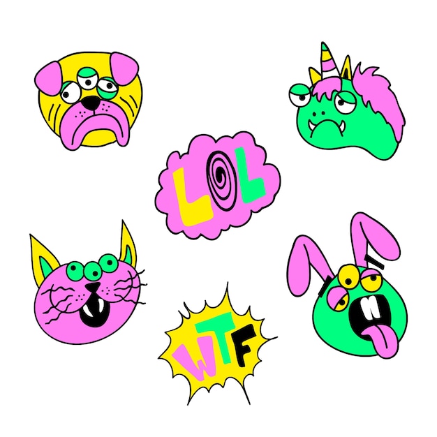 Free vector hand drawn funny sticker collection with acid colors