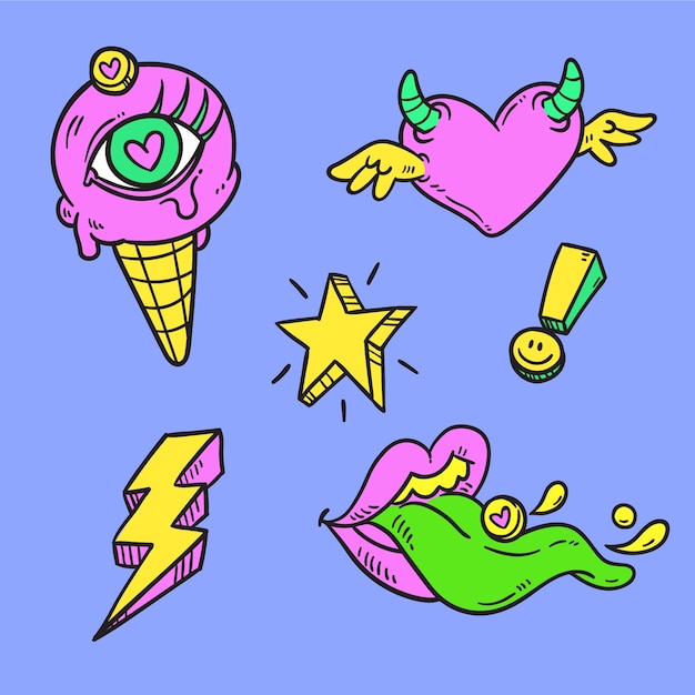 Hand drawn funny sticker collection with acid colors