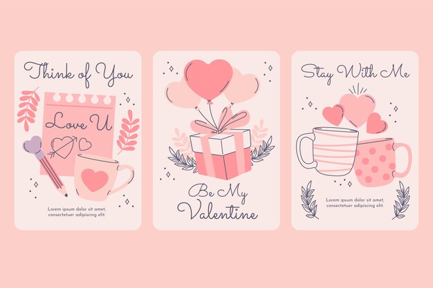 Hand drawn greeting cards collection for valentines day