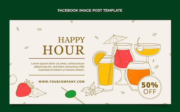 Hand drawn happy hour facebook post