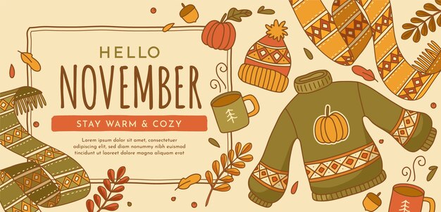 Hand drawn hello november banner template for autumn celebration