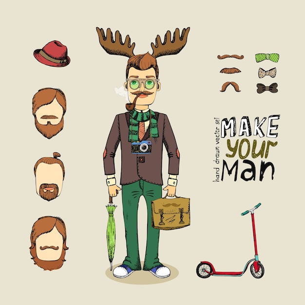 Free Vector hand drawn hipster man character set vector illustration