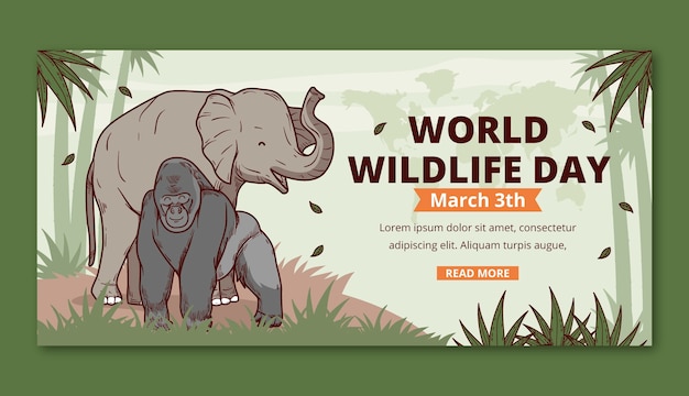 Free vector hand drawn horizontal banner template for world wildlife day with flora and fauna