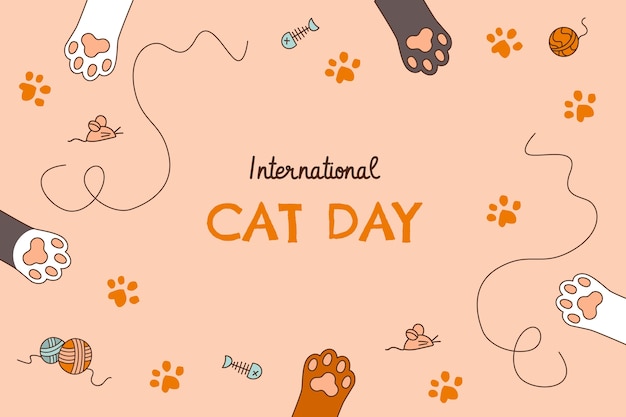 Hand drawn international cat day background with cat paws