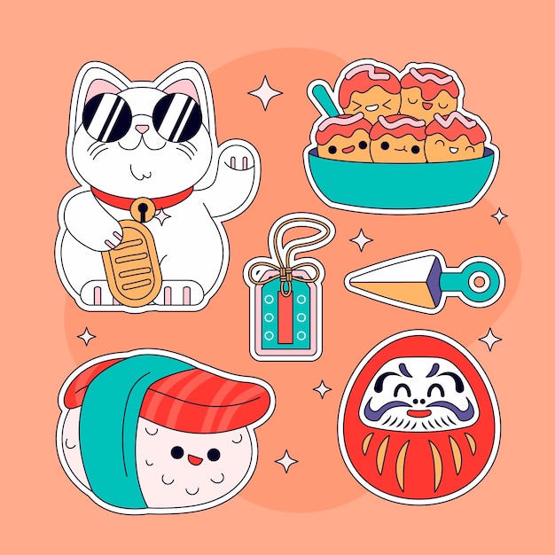 Hand drawn japanese sticker set