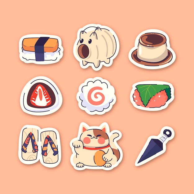 Free Vector hand drawn japanese sticker set