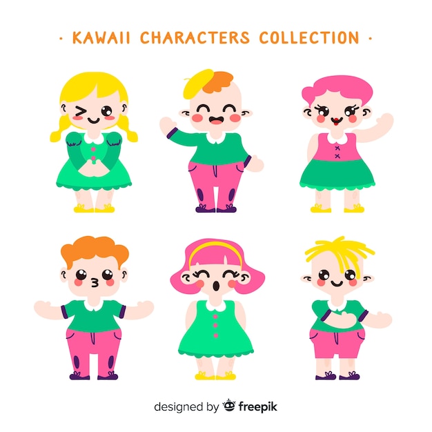 Hand drawn kawaii smiling characters collection