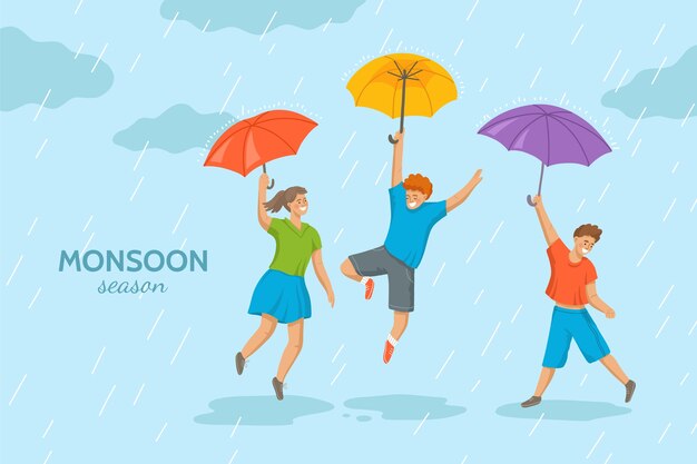 Hand drawn kids monsoon season background