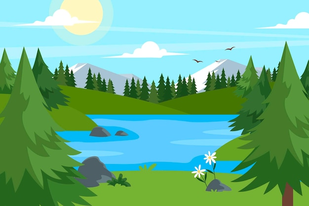 Free Vector hand drawn lake scenery