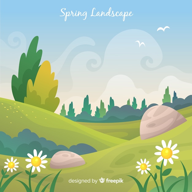 Free vector hand drawn landscape spring background