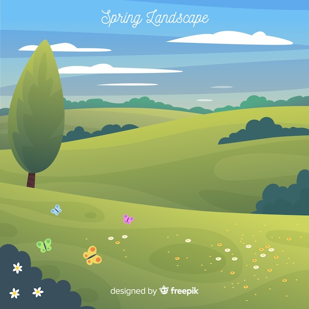 Free Vector hand drawn landscape spring background