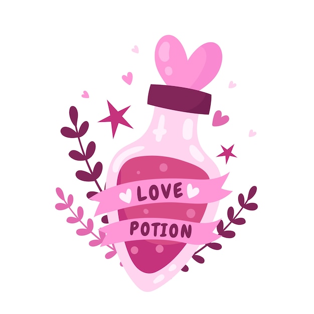 Hand drawn love potion with leaves illustrated