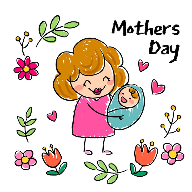 Free Vector hand drawn mothers day children drawings illustration