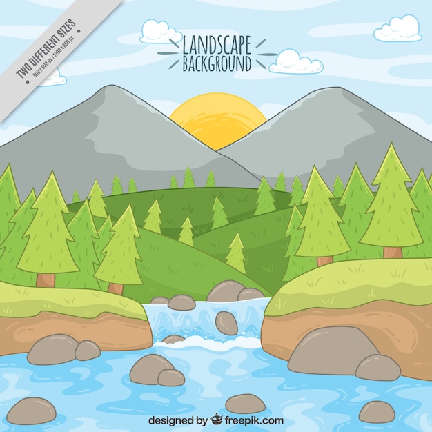 Free Vector hand drawn mountainous landscape background with river