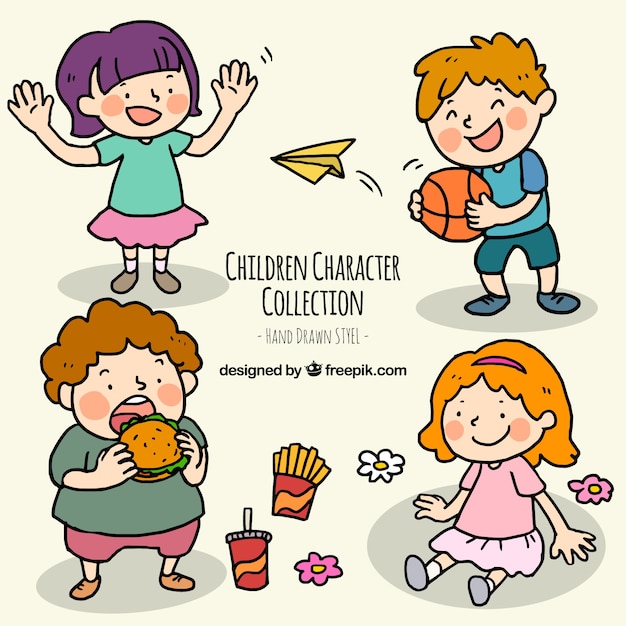 Free vector hand-drawn pack of happy children doing different actions