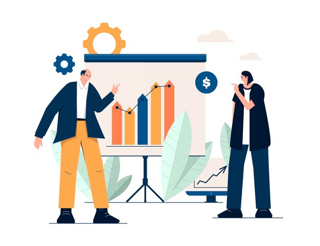 Hand drawn people analyzing growth charts