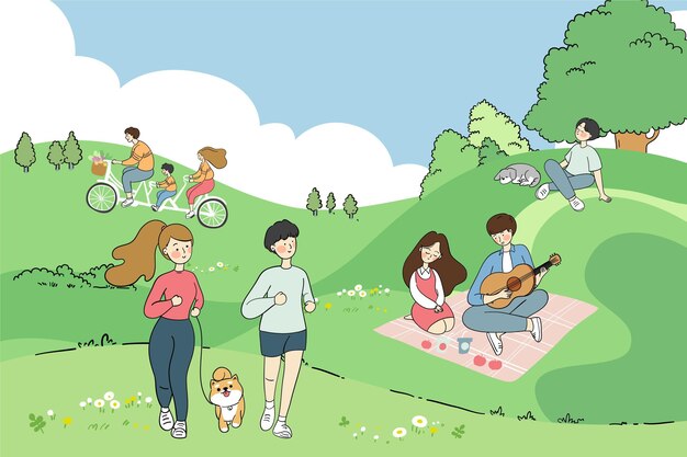 Hand drawn people doing outdoor activities