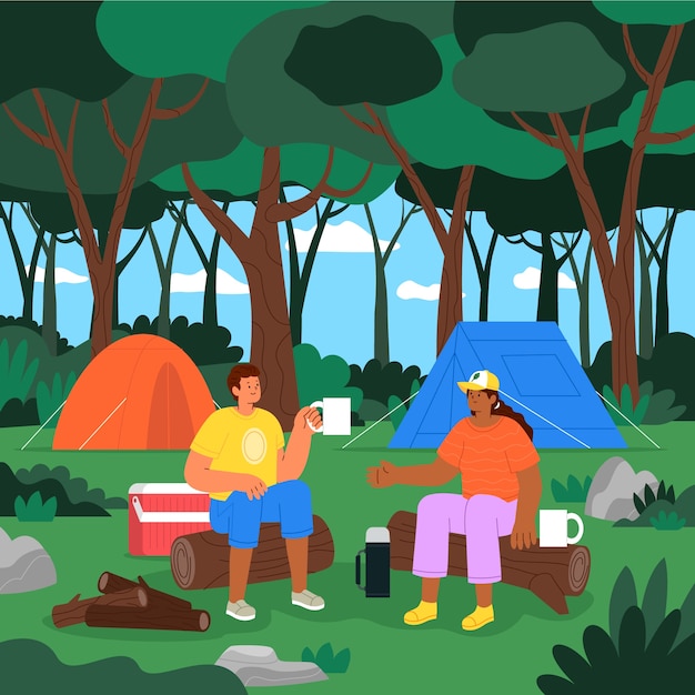 Free vector hand drawn people in the forest illustration