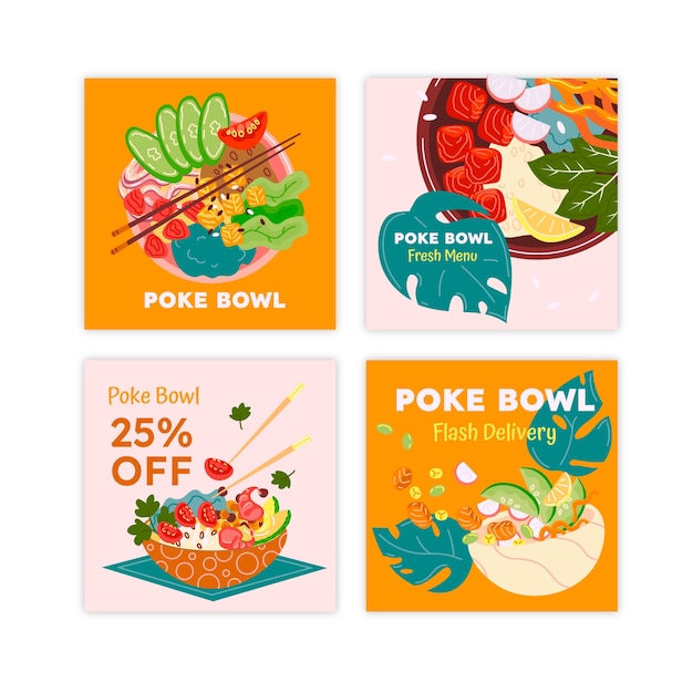 Free Vector hand drawn poke instagram post collection