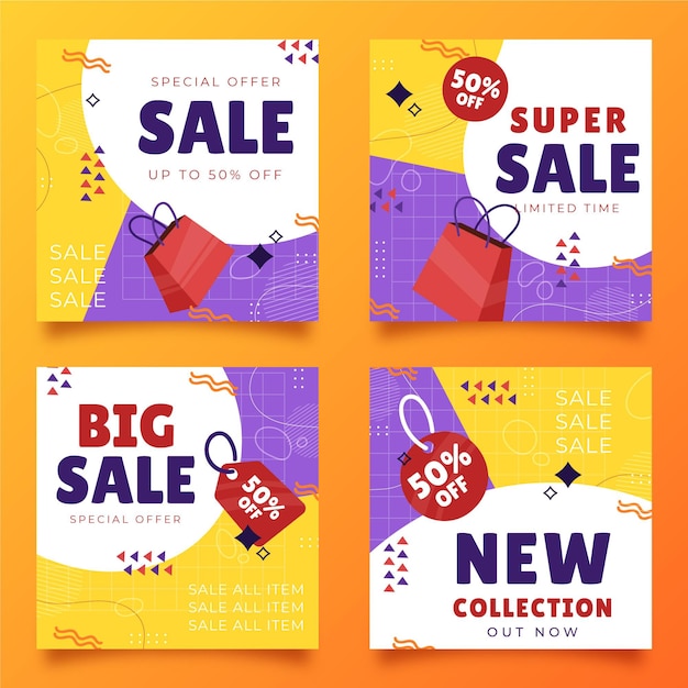 Free Vector hand drawn sale instagram post pack