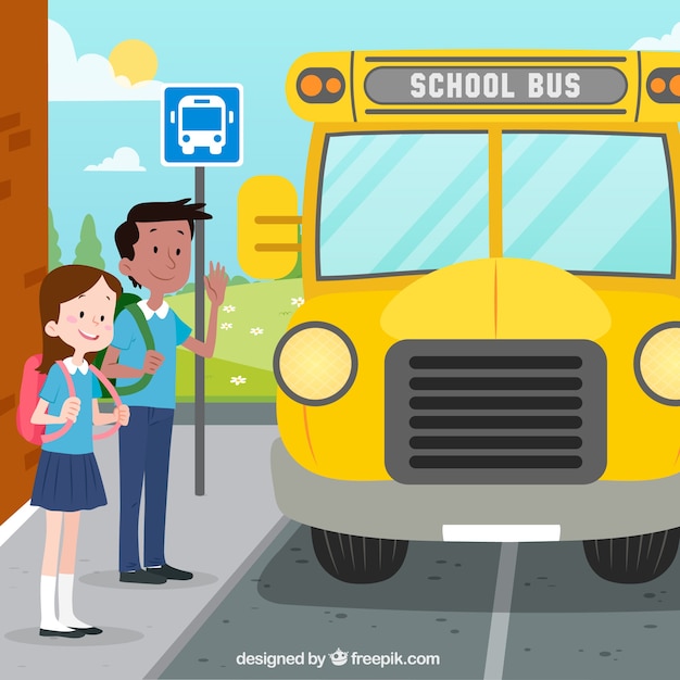 Free Vector hand drawn school bus with children