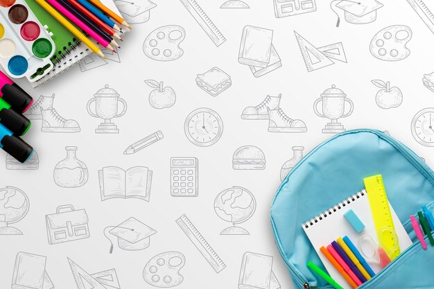 Hand drawn school supplies pattern background