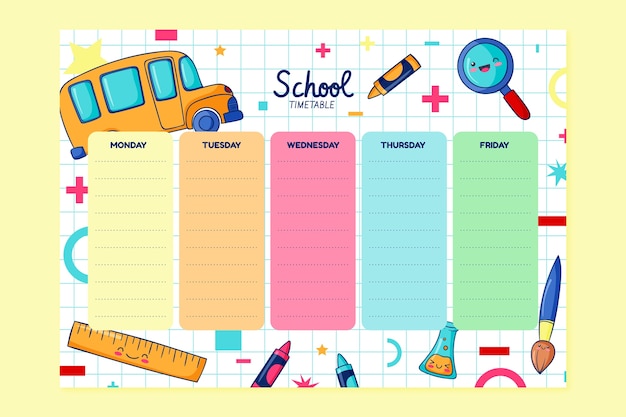 Free Vector hand drawn school  timetable template