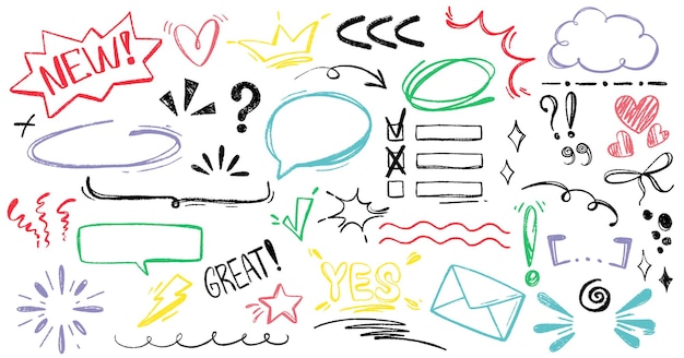 Free vector hand drawn sketch pencil check marks strokes underline emphasis and speech bubbles