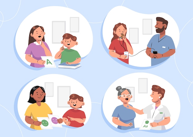 Free Vector hand drawn speech therapy scenes collection